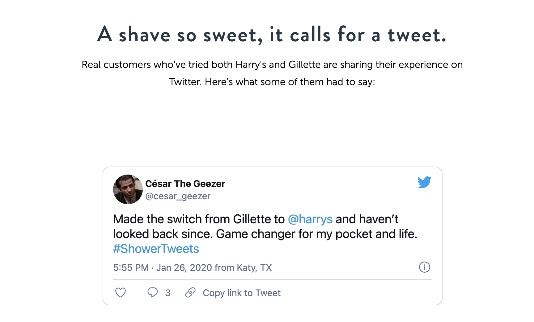 Página de inicio de Harry que muestra un tweet de clientes reales que aman sus rasuradoras.